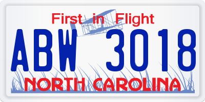 NC license plate ABW3018
