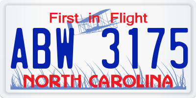 NC license plate ABW3175