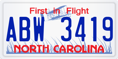 NC license plate ABW3419