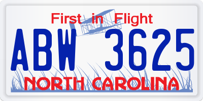 NC license plate ABW3625