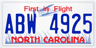 NC license plate ABW4925