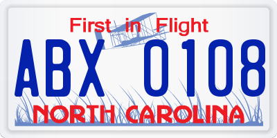 NC license plate ABX0108