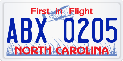 NC license plate ABX0205