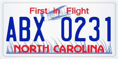 NC license plate ABX0231