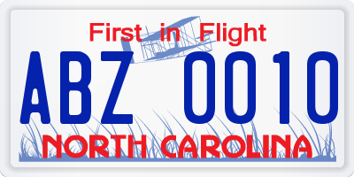 NC license plate ABZ0010