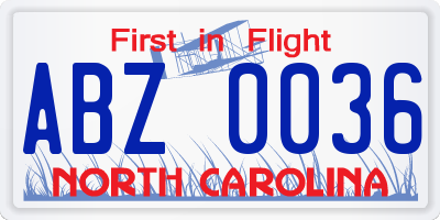 NC license plate ABZ0036