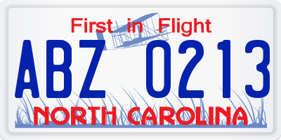 NC license plate ABZ0213