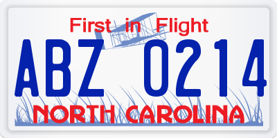 NC license plate ABZ0214