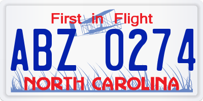 NC license plate ABZ0274
