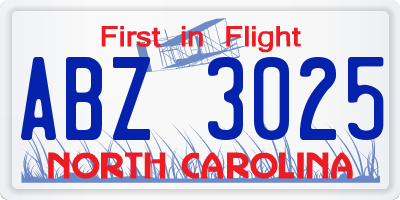 NC license plate ABZ3025