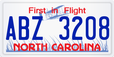 NC license plate ABZ3208