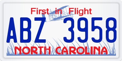 NC license plate ABZ3958