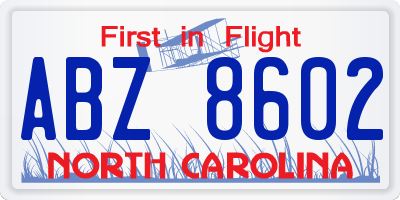 NC license plate ABZ8602