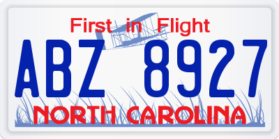 NC license plate ABZ8927