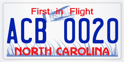 NC license plate ACB0020