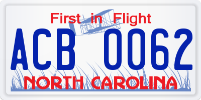 NC license plate ACB0062
