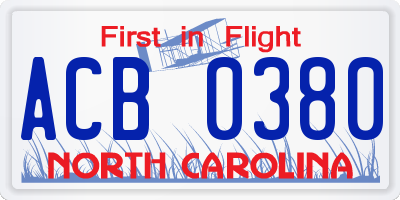 NC license plate ACB0380