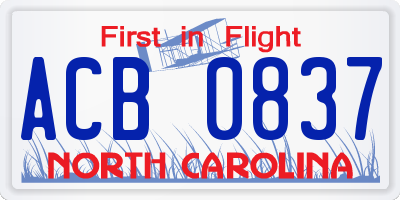 NC license plate ACB0837