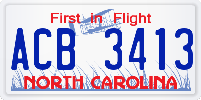 NC license plate ACB3413