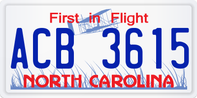 NC license plate ACB3615