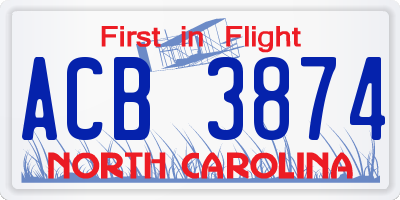 NC license plate ACB3874