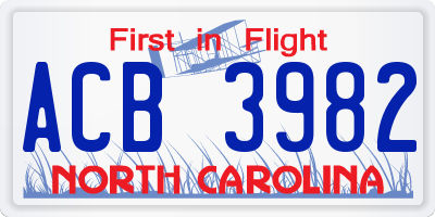 NC license plate ACB3982