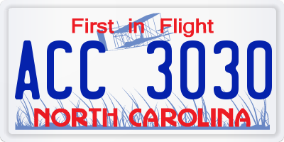 NC license plate ACC3030