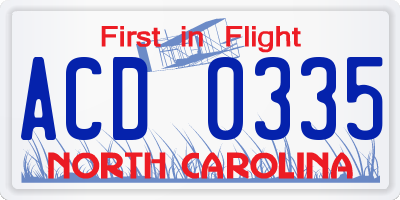 NC license plate ACD0335