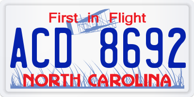 NC license plate ACD8692