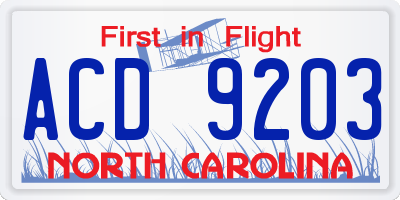 NC license plate ACD9203