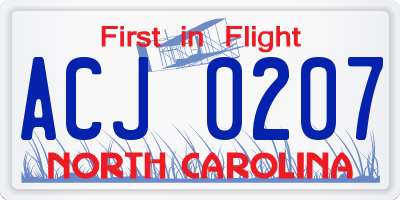 NC license plate ACJ0207