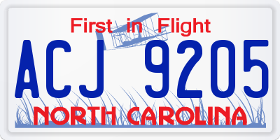 NC license plate ACJ9205
