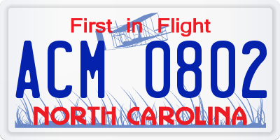 NC license plate ACM0802