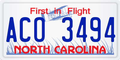 NC license plate ACO3494