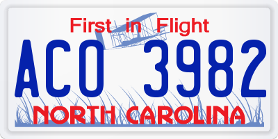 NC license plate ACO3982
