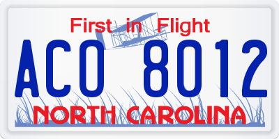 NC license plate ACO8012
