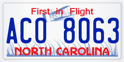 NC license plate ACO8063