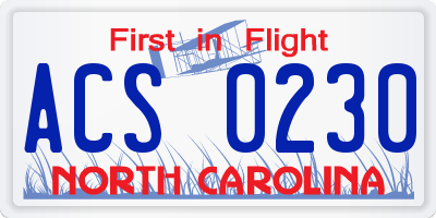 NC license plate ACS0230
