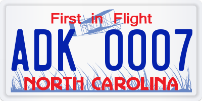 NC license plate ADK0007