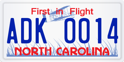 NC license plate ADK0014