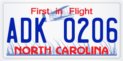 NC license plate ADK0206