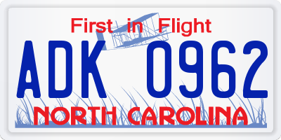 NC license plate ADK0962