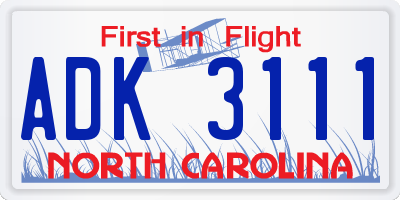 NC license plate ADK3111