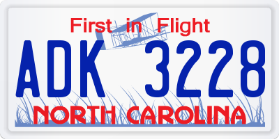 NC license plate ADK3228