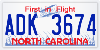 NC license plate ADK3674