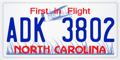 NC license plate ADK3802