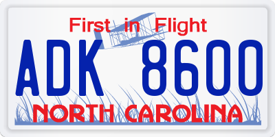NC license plate ADK8600