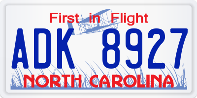 NC license plate ADK8927