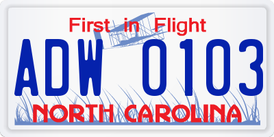 NC license plate ADW0103