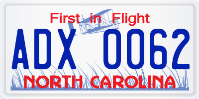 NC license plate ADX0062
